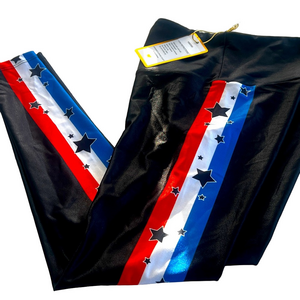 NWT Goldsheep Sz Small Cropped Black Leggings Stripe Red, White Blue Stars NWT